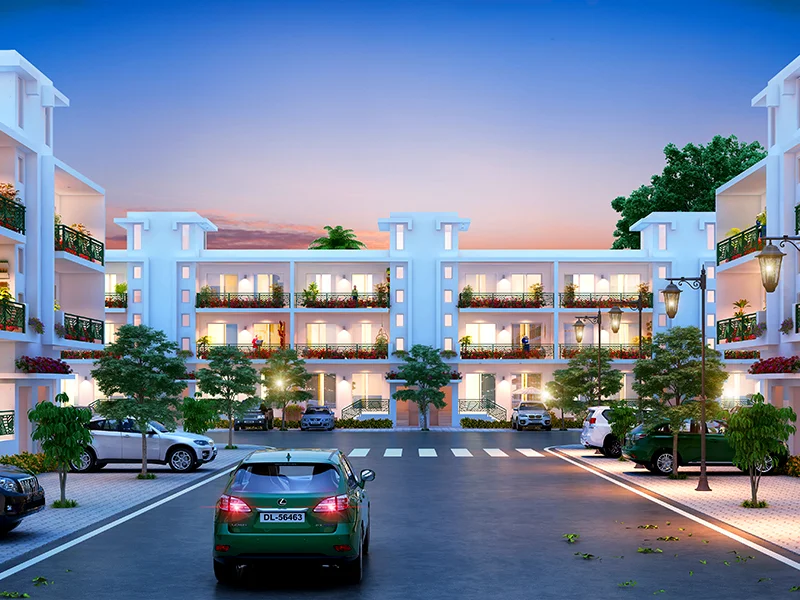 Residential homes amid landscaped greenery